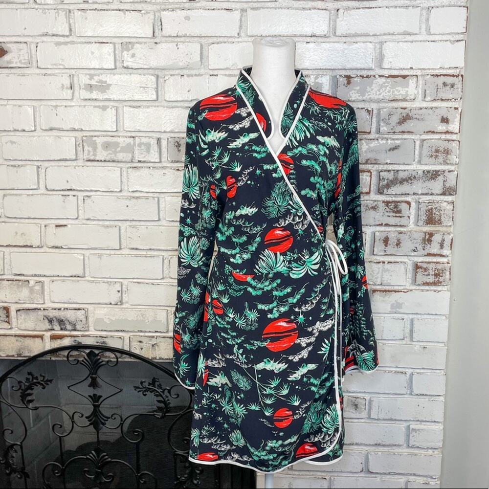 RIXO London Iris Green Oriental Sky Party Night Out Boho Real Wrap Mini Dress L